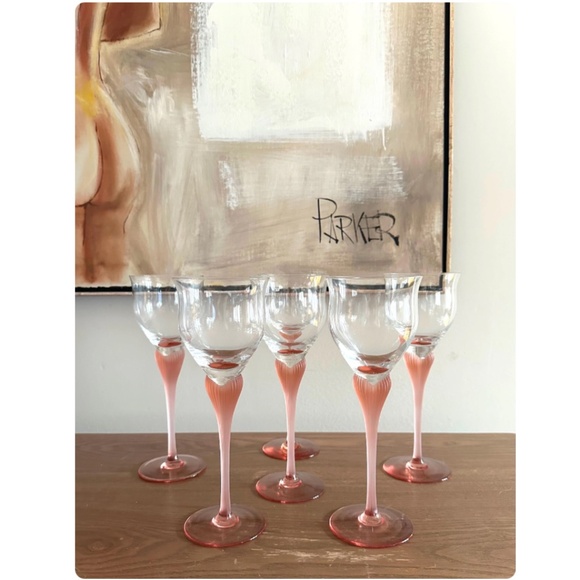 Vintage Set of 6 • Pink Frosted Heart Shaped Stemmed Clear Crystal Wine Glasses - Picture 6 of 10